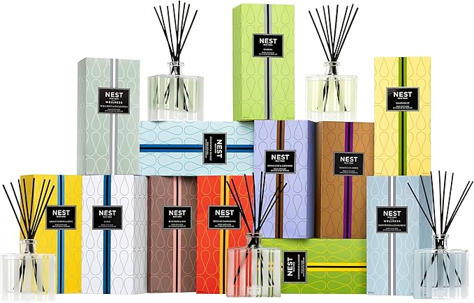 NEST New York Reed Diffuser, Santorini Olive & Citron - 5.9 fl oz - Fragrance for Up to 90 Days - Reusable, Refillable Glass Holder - Includes 8 All-Natural Reed Sticks - Flame Free
