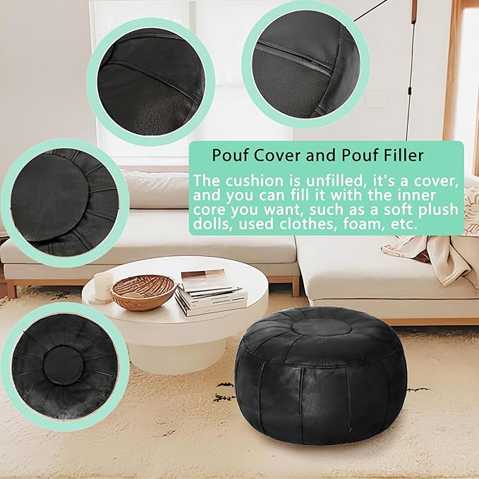 Thgonwid Unstuffed Moroccan Ottoman Pouf Cover, Ottoman Footstool Storage Solution, Bean Bag Chair, Foot Rest, Black