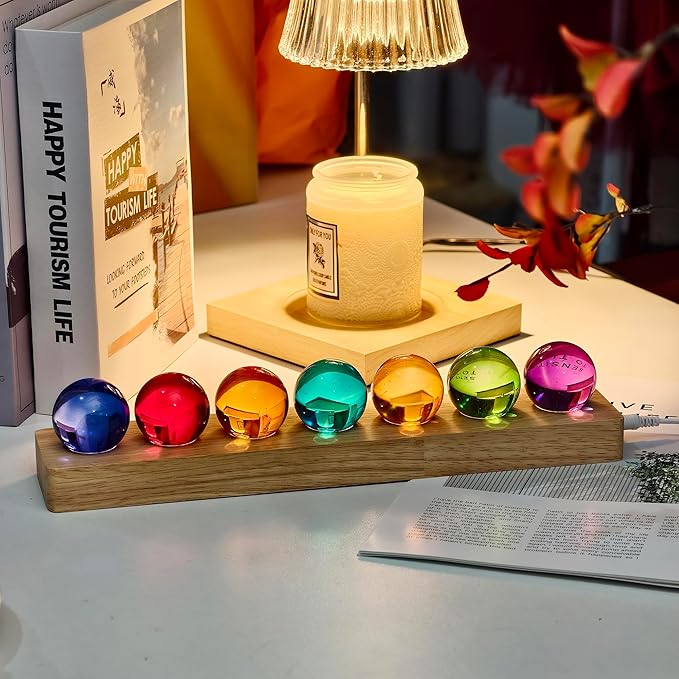 7pcs 40mm Multicolor Crystal Solid Ball Glass Spheres with LED Wooden Base Night Light Decoration Healing Sphere Balls with Stand for Home Living Room - Decorative Balls for Dinner Party Centerpiece