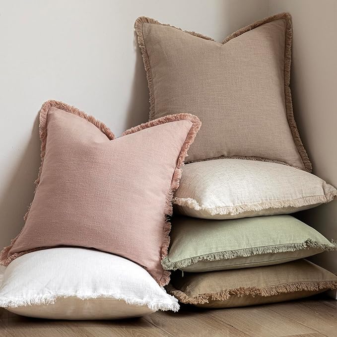 Foindtower Set of 2 Decorative Linen Fringe Throw Pillow Covers Boho Farmhouse Cushion Cover with Tassels Soft Accent Pillowcase for Couch Chair Sofa Bed Living Room Home Decor,20×20 Inch,Light Pink