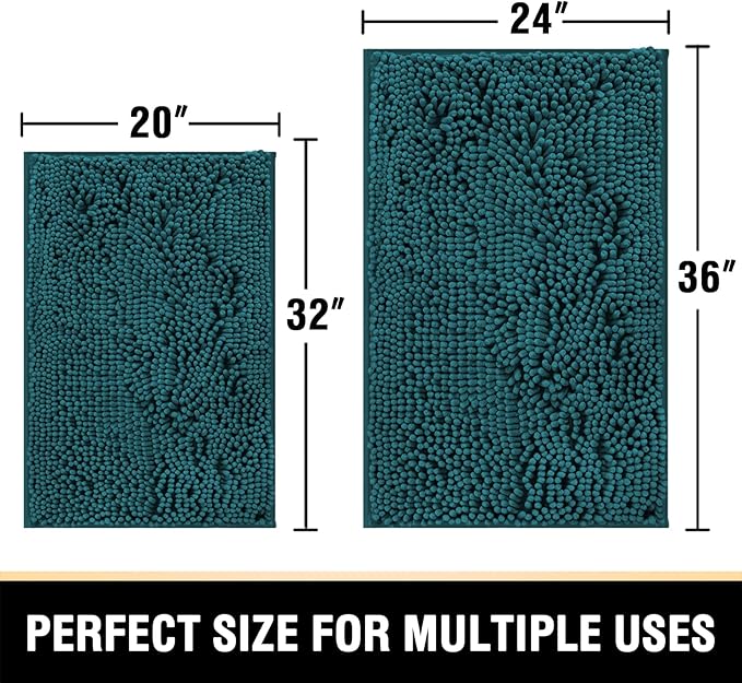 H.VERSAILTEX Bath Mats - Luxury Chenille Non Slip Bathroom Rugs, Extra Soft, Absorbent, Shaggy, Washable, Fast Dry 2 Piece (Dark Teal, 24" x 36"/20" x 32")