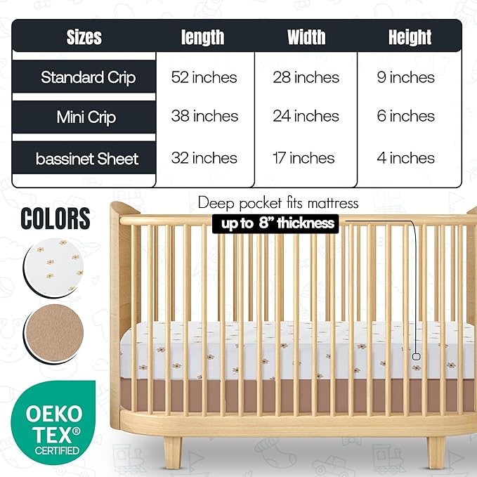 Mini Crib Fitted Sheet, 100% Cotton Knitted Jersey, Pack n Play Sheet, Breathable, Fitted Crib Sheets, Super Soft, Toddler Fitted Sheet,2 Pack,Brown/Flowers, 38x24x6