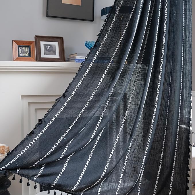 ColorBird Black Curtains for Living Room, 2 Panels Linen Curtains 84 Inches Long, Boho Room Darkening Black Drapes, Embroidered Window Curtains for Bedroom Door Office