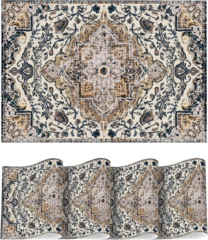 Artoid Mode Gray Boho Bohemian Vintage Placemats Set of 4, 12x18 Inch Plastic Woven Washable Non-Slip PVC Place Mats for Party Kitchen Dining Decor