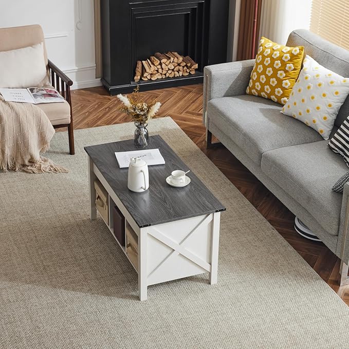 VINGLI Lift Top Coffee Table, Charcoal Top with White Frame, Farmhouse Cross-Sided Design, with Storage Shelf/Hidden Compartment, Gas Lift Mesa De Centro para Sala Pop Up Coffee Table