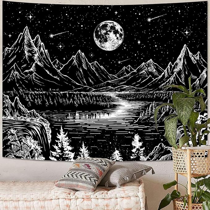 Lunerfex Black Nature Tapestry (36.00" x 48.00") for Bedroom - Mountain Landscape Wall Art - Versatile Decor for Indoor and Outdoor Spaces