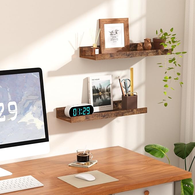 upsimples Floating Shelves for Wall, Wall Shelves for Decor Storage Set of 6, Wall Mounted Wood Shelves for Bedroom, Living Room, Bathroom, Kitchen, Picture Ledge Shelves, Brown