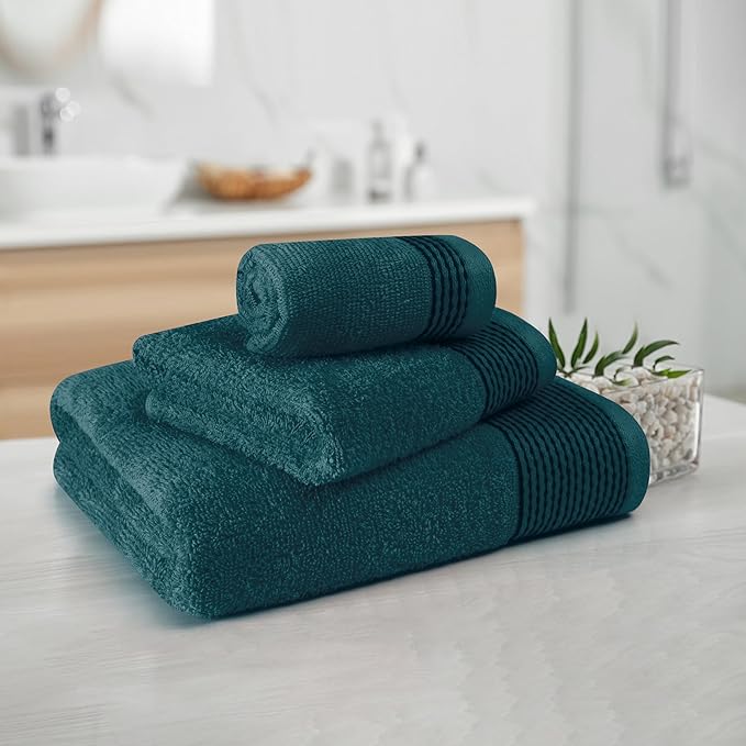 Belizzi Home Ultra Soft 3 Pack Cotton Towel Set, Contains a Bath Towel 28x55 inch, a Hand Towel 16x24 inch & a Wash Coth 12x12 inch, Ideal Everyday use, Compact & Lightweight -Teal