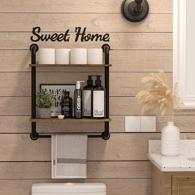 Bathroom Shelves Wall Mounted, Rustic Farmhouse Pipe Shelves, 2-Tier, Industrial Shelving, Floating Shelf Decor for Bathroom, Kitchen, Bedroom, Living Room 17.3 inch