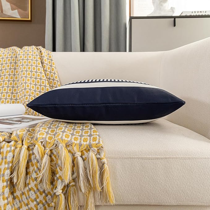 Boho Stripe Throw Pillow Cover 20x20 Decorative Couch Pillow Case,Faux Leather Modern Accent Cushion Cover for Sofa Bed Chair- Rustic Farmhouse Decor, Navy Blue