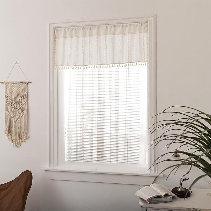 Sutuo Home Boho Valance Curtains 18 inches for Kitchen Cafe Dining Room, Short Farmhouse Vintage Tassels Window Treatment Bohemian Stripe Embroidery Drape, Rod Pocket 1 Panel 52" W x 18" L, White