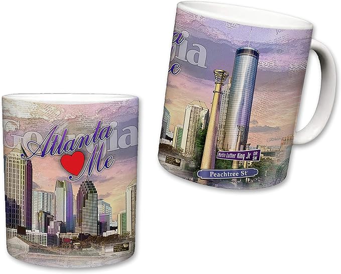 Sweet Gisele | City of Atlanta Mug | Ceramic Coffee Cup | Downtown Skyline | Atlanta Loves Me Phrase | Georgia Print Fade | Vivid Colorful Detailing | Great Novelty Gift | 11 Fl. Oz