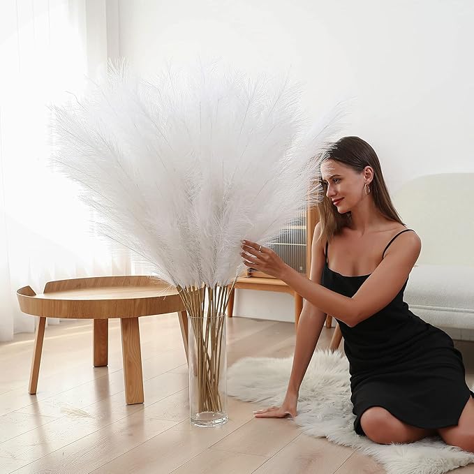 8 Pcs 45 inch Tall Faux Pampas Grass Decor, Large Artificial White Pompous Grass Bulk, Long Fake Pompas for Floor Vase Filler, Wedding, Baby Shower, Home and Boho Decor (White)