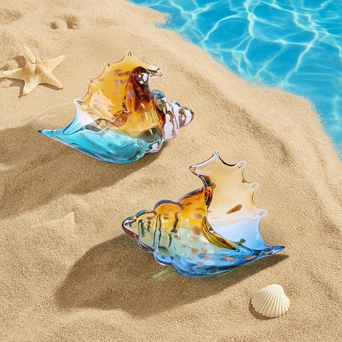 LCCCK Sea Glass Art Figurines Hand Blown Conch Shell Sculpture, Blue Sea Glass Decor Creative Conch Seashell Statue - for Coastal Room Decor Knick Knacks Home Decor Kitchen Decorations Above Cabinets