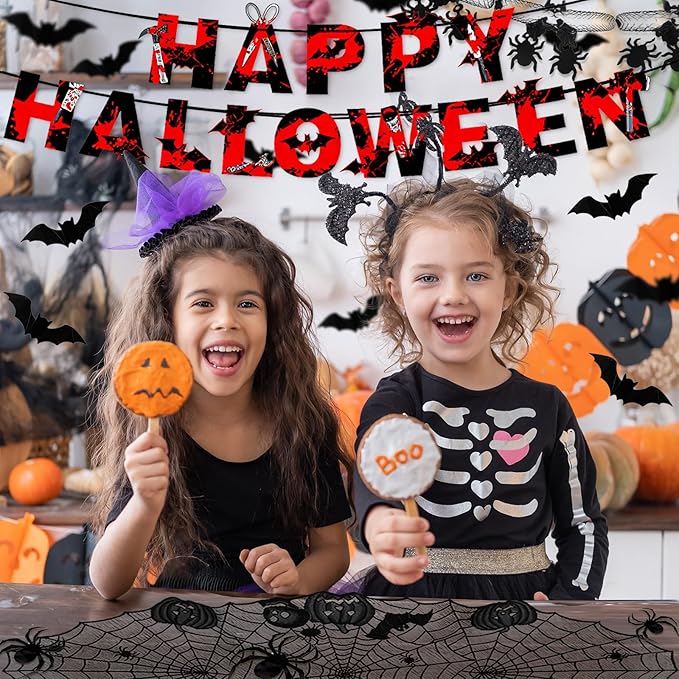 Indoor/Outdoor Halloween Decor Set - Mantel Scarf, Pumpkin Spider Table Runner, Window Stickers, 3d Bats & Spiders, Happy Halloween Banner, Spiders Hanging Garland