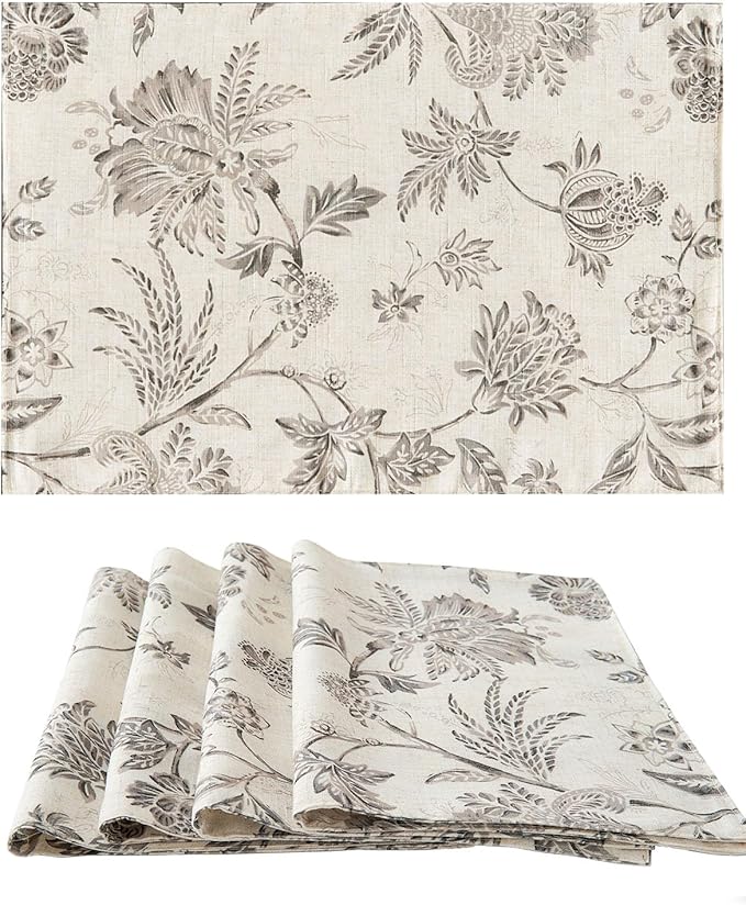 JINCHAN Linen Floral Fall Placemats Set of 4 Cloth Table Mats Rustic Cottagecore Jacobean Outdoor Seasonal for Kitchen Dining Table Decor Non-Slip Washable Tablemats 13x19 Inch Grey