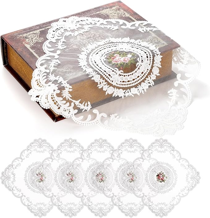 AVLA 6 Pack Lace Placemats, Retro French Style Cup Mat, Embroidered Dinning Table Place Mats, Fashionable Flower Vintage Crochet Lunchmat Doilies, Square Hollow Vase Mat for Home Wedding Decoration