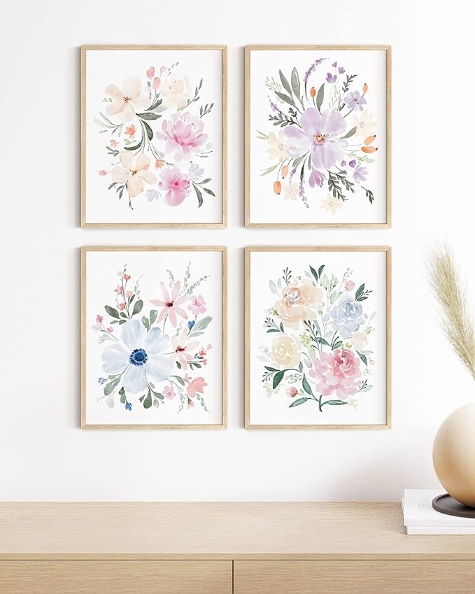 HAUS AND HUES Botanical Prints - Set of 4 Flower Poster, Pictures Wall Decor, Floral Prints, Pictures, Flowers Posters, (Unframed, 11x14) Bouquet Flower