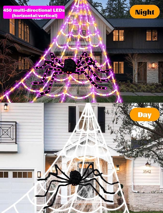 Spider Webs Halloween Decorations Lights - 450 LEDs Outdoor Halloween String Lights with 60" Light Up Spider,8 Modes Remote Control 16.4Ft Spiderweb,Waterproof (New Orange-Purple Grid Luminous Net)