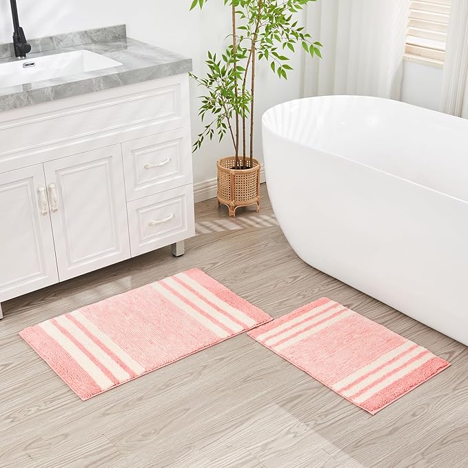 CozeCube Pink Striped Bath mats for Bathroom Non Slip, Fluffy Absorbent Microfiber Bath mat Washable, Aesthetic Bathroom Rugs, Cute Bath mat for Sink, 24" x 16"