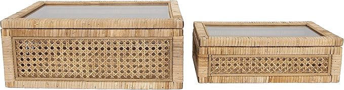 Creative Co-Op Modern Decorative Rectangle Woven Rattan and Wood Display Boxes with Glass Top, Set of 2 Sizes, Natural Finish