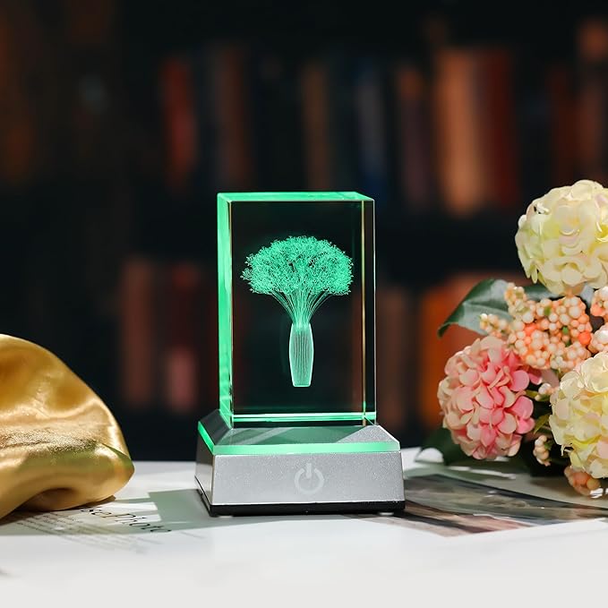 3D Crystal Babys Breath with Colorful Light Base Laser Engraved- Fake Baby Breath Flowers Figurines Statue Laser Engraved - Baby's Breath Room Party Classroom Nature Decor Birthday Mothers Day Valenti