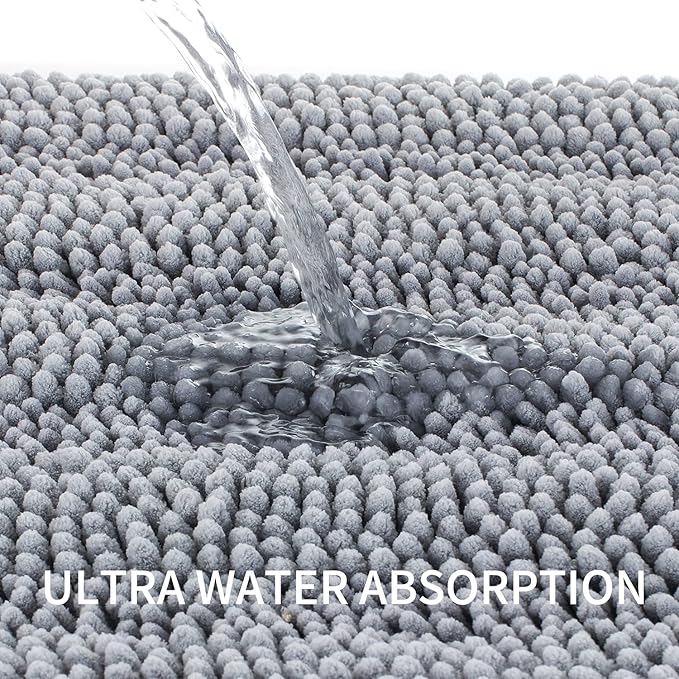 Bath Mat for Bathroom Ultra-Soft Machine Washable Rugs for Shower Room with Non-Slip Backing Shaggy Absorbent Luxury Chenille Bath Rug Perfect for Tub Sink Bedroom Door (16"x47", Light Grey)