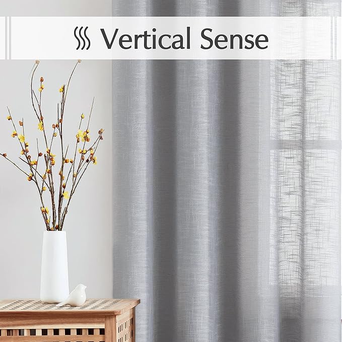 FMFUNCTEX Linen Grey Sheer Curtains for Bedroom 96 inches Long Sliding Door Curtain for Extra Wide Windows White Room Divider Rich Linen Textured Curtain Panels for Living Room Neutral Gray 1 Pack