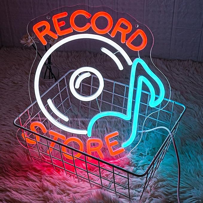 Record Store Neon Sign Music Neon Signs for Wall Decor Letter Neon Light Record Player Sign for Music Studio Decor Live Music Neon Light Sign for Bar Music Decor(Red white)