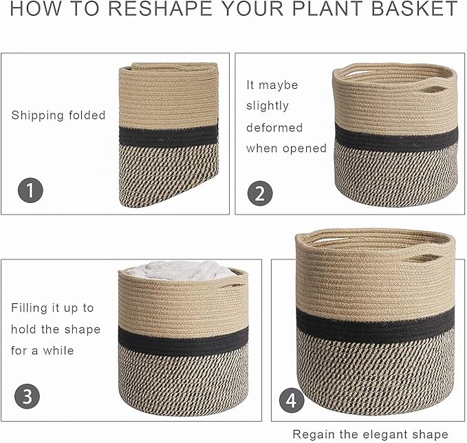 TIMEYARD Sturdy Jute Rope Plant Basket Modern Woven Basket for 11" Flower Pot Floor Indoor Planters, 12.5'' x 12.5'' Storage Organizer Baskets Rustic Home Decor, Black and Beige Stripes