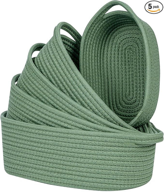 CubesLand Small Shelf Shelves Closet Basket,Woven Toy Basket Bin for Organizing,Storage Cube Organizer Basket Bin,Cute Rope Gifts Basket,Back Shool Supplies,Over Toilet Storage Basket,Green 5-Piece
