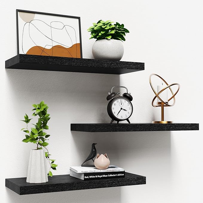 3 Packs Floating Shelves for Wall Storage Minimalist Modern Scandinavian Hogar Living Room Office Plant Decorative Projector Trinket Trophy Gaming Tv Projector Book Home Decor Bookshelf Shelf Black