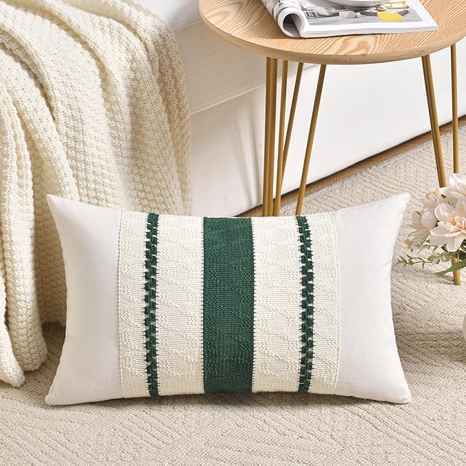 Fancy Homi Set of 2 Dark Green Boho Lumbar Decorative Throw Pillow Covers 12x20 Inch for Couch Bed Sofa Bedroom, Modern Farmhouse Vintage Forest Green Living Room Decor