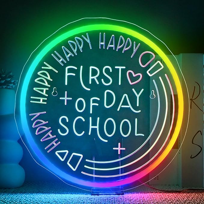 First Of Day School Neon Sign Student Classroom Neon Lights For Wall Decor Dimmable Colorful Light Up Sign For Bedroom Library Classroom Reading Study Room Decoration Boy Girls Gifts