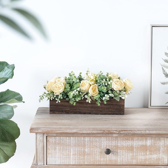 Dahey Centerpiece Table Decorations for Dining Room Farmhouse Living Room Table Centerpieces Decor Wood Tray with 3 Artificial Flowers and 2 Eucalyptus for Kitchen Table, 14.1" x 4.7" x 3.1"