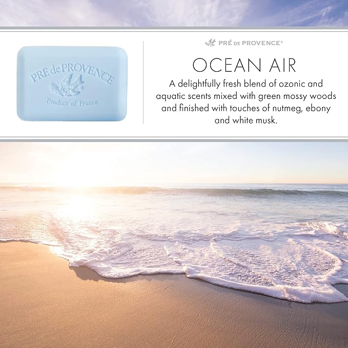 Pre de Provence Artisanal Soap Bar, Natural French Skincare, Enriched with Organic Shea Butter, Quad Milled for Rich, Smooth & Moisturizing Lather, Ocean Air, 5.3 Ounce