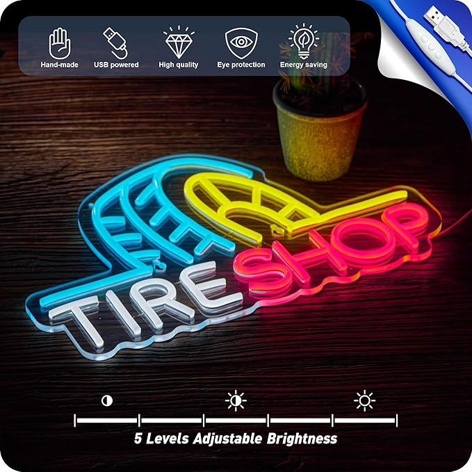 Tire Shop Neon Sign Garage Tire Store LED Light for Wall Decor Auto Supplies Car Service Repair Workshop USB Powered Dimmable 16.5 x 11 inches