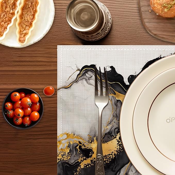 White Black Placemats Set of 6,Washable Heat Resistant 12×18 Inch Linen Table Mats Golden Marble Place Mats for Party Outdoor Dining Décor
