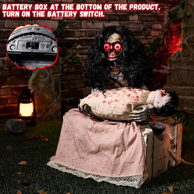 Halloween Animatronics Creepy Sitting Skeleton & Doll Animated Decorations with Sound & Sensor Activated, Sound, Light Up Eyes, Scary Move, Haunted House Holiday Decor Horror Prop for Indoor, Outdoor