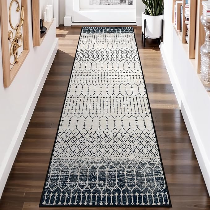 Lahome Moroccan Hallway Runner Rug, Washable Black 2x8 Rug Runner Ultra-Thin Stain Resistant Kitchen Carpet with Rubber Backing Non Slip, Geometric Print Floor Carpet Mat for Entryway Bedroom