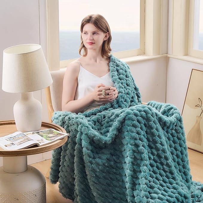 NEWCOSPLAY Super Soft Queen Blanket Light Teal Premium Silky Flannel Fleece 3D Clouds Stylish Jacquard Lightweight Bed Blanket All Season Use 350GSM (Light Teal, Queen(90"x90"))