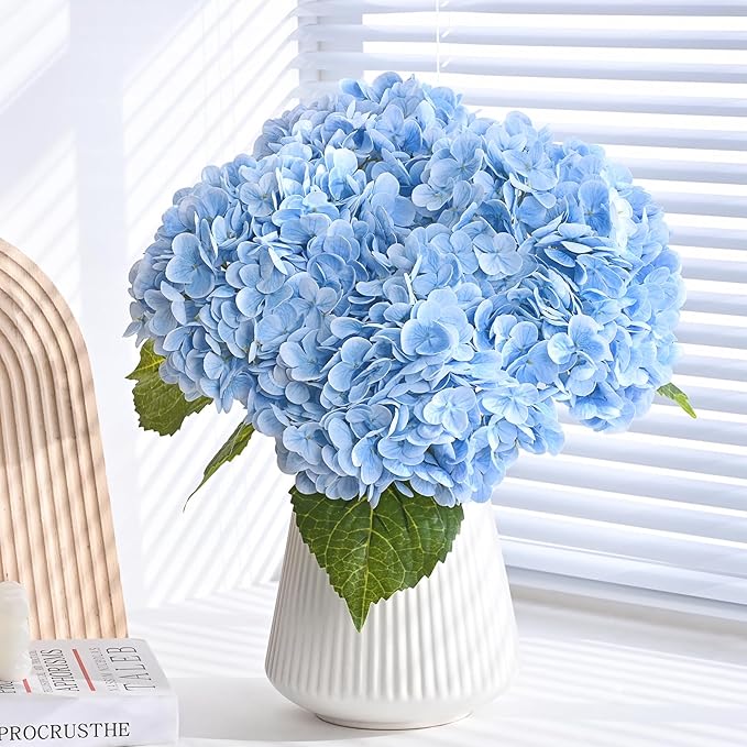 MARTINE MALL 4Pcs 21in Hydrangea Artificial Flowers, Latex Real Touch Hydrangeas Lifelike Large Hydrangea Flowers for Home Decor Party Arrangements Wedding Bouquets Centerpieces (Blue)