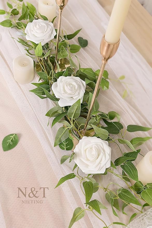 N&T NIETING Artificial Flowers, 25pcs Fake Flowers White Rose Perfect for DIY Wedding Bridesmaid Bridal Bouquets Centerpieces Home Flower Arrangement Decoration
