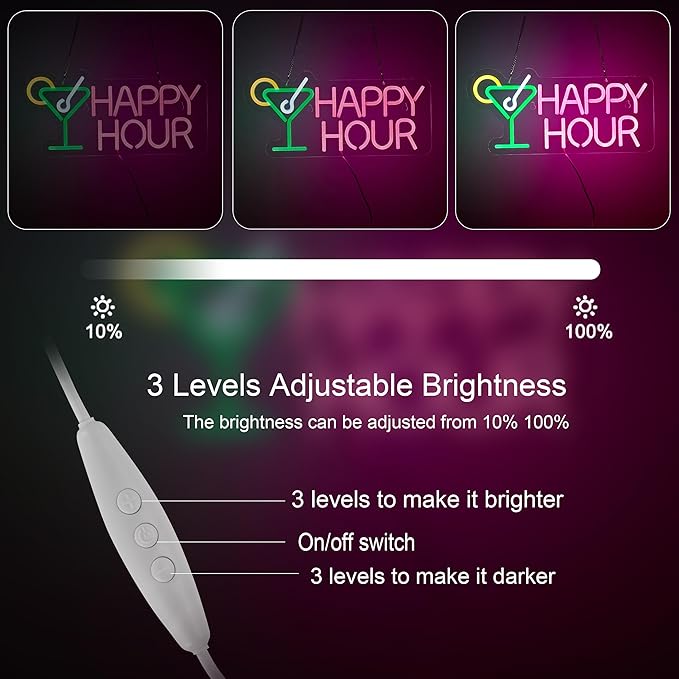 Cocktails Happy Hour Neon Sign for wall décor with Dimmable Switch LED Neon Signs Bedroom Beer Bar Neon Light Sign Hotel Party Club Office Art Lights.