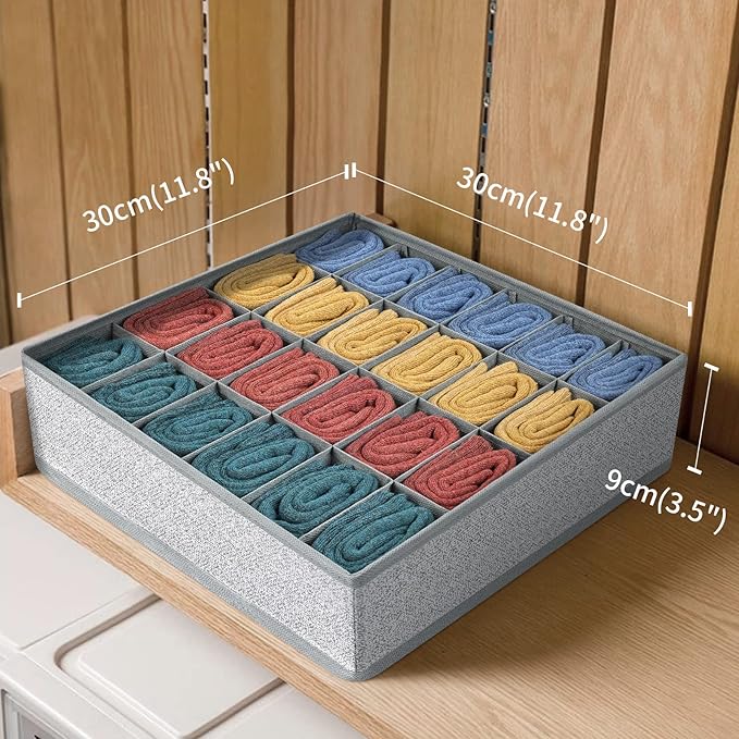 Joyoldelf Sock Organizer, 24-cell Underwear Drawer Organizer Women Fabric Sock Organizer for Closet for Socks, Lingerie, Handkerchiefs, Ties, 3 Packs (Gray)