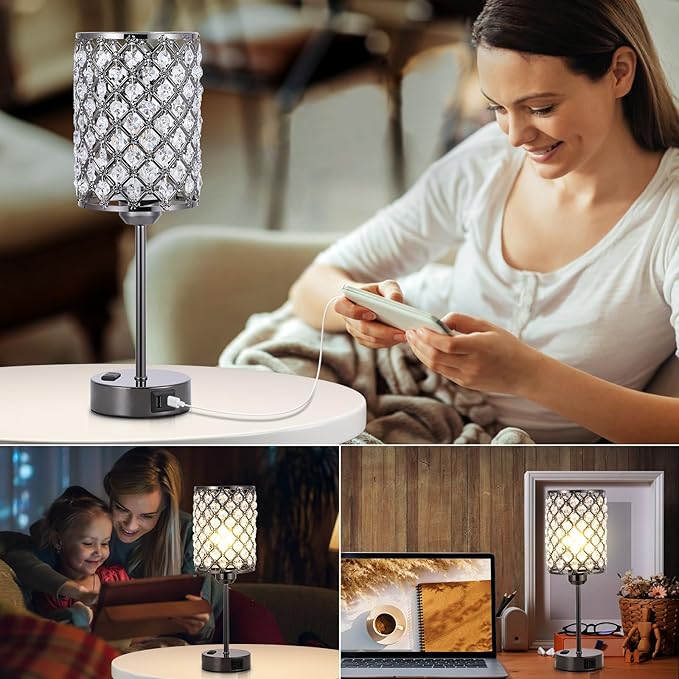 Hong-in Black Table Lamps Set of 2-3-Way Dimmable Nightstand Desk Lamp with USB C and A Ports and AC Outlet,Modern Bedside Table Light for Bedroom(Bulbs Included)