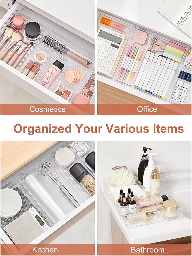 SMARTAKE 25-Piece Drawer Organizer with Non-Slip Silicone Pads, 4-Size Desk Drawer Organizer Trays Storage Tray for Makeup, Jewelries, Utensils in Bedroom Dresser, Office and Kitchen (Clear)
