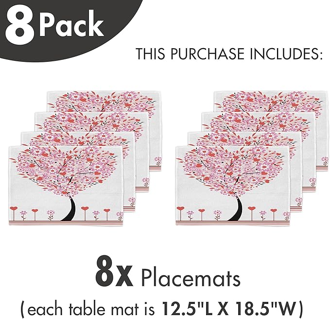 Ambesonne Valentine Place Mats Set of 8, Heart Shaped Tree Daisies Wildflowers Red Leaves Forest Romance Season Image, Washable Fabric Placemats for Dining Table, Placemat 8 pcs, Pink Red
