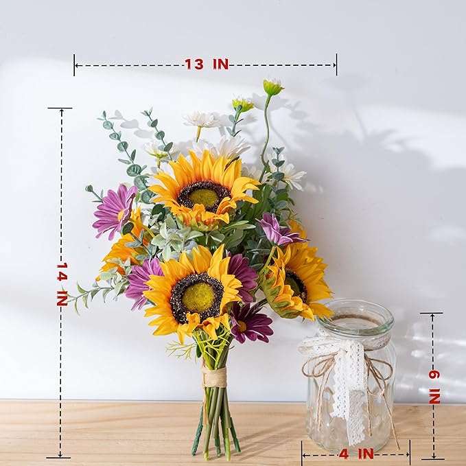 LUEUR Artificial Faux Flowers in Vase for Home, Fake Flowers Arrangment with Pot, Sunflower Silk Daisy Bouquet for Fall Spring Decor Coffee Table Dinning Room Kitchen Centerpiece Table Decorations