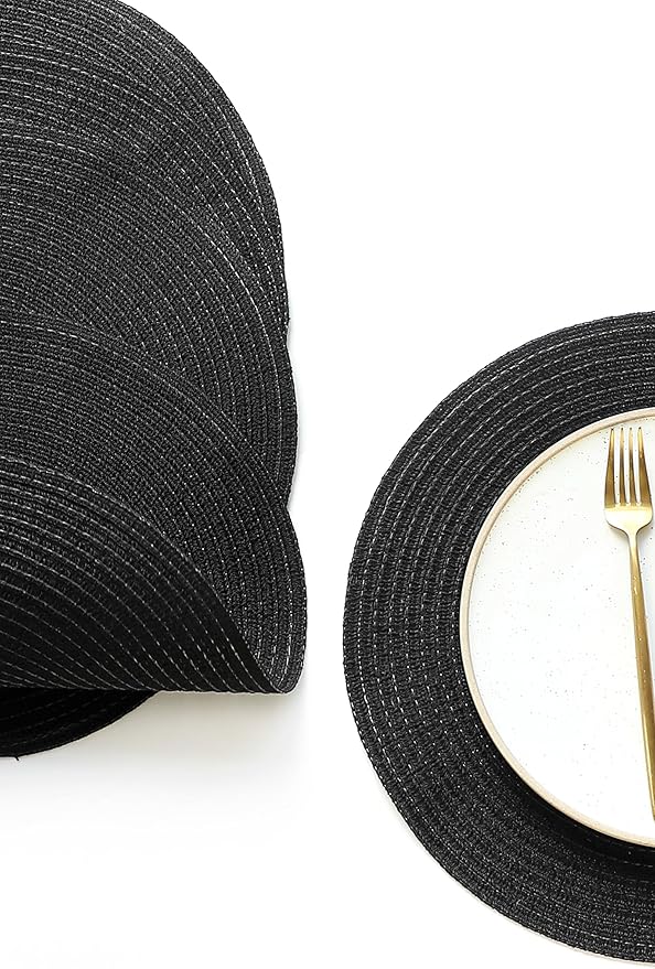 Floroom 15 Inch Round Braided Placemats Set of 4, Washable Heat Resistant Cotton Polyester Circle Place Mats for Kitchen Dining Table - Black